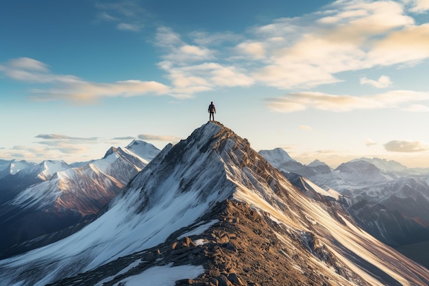 A breathtaking and realistic image featuring a lone adventurer standing atop a mountain peak