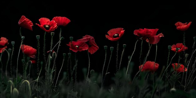 Photo breathtaking red poppies bloom in a wild field against a dark backdrop concept nature flowers landscape photography mood