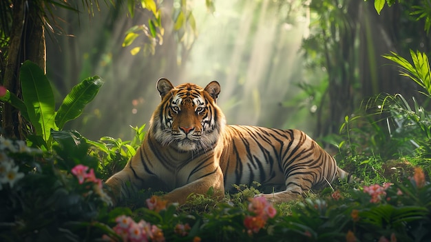 breathtaking scene of a majestic Bengal tiger resting under a lush green canopy in a dense