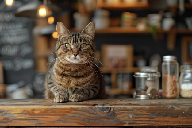 Breathtaking showing a cute tabby cat is sitting down on a wooden counter