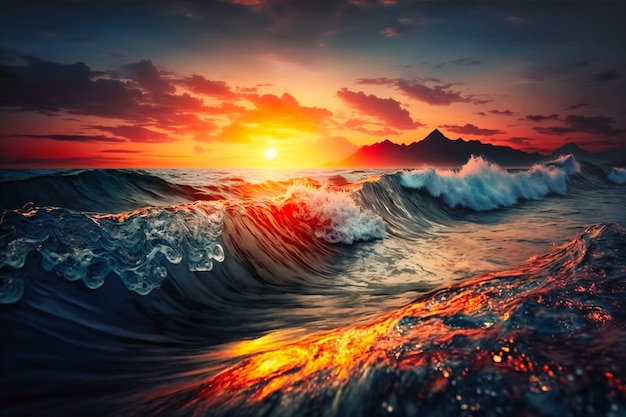 A breathtaking summer sunset dipping below the horizon casting warm hues across calm ocean waves