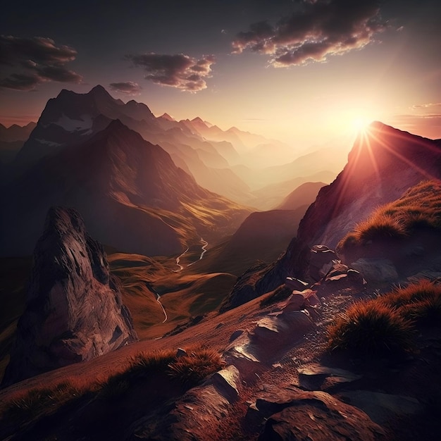 Breathtaking sunrise over the high mountains of the Alps Generative Ai