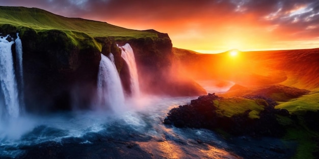 A breathtaking sunrise illuminating a majestic waterfall in Iceland