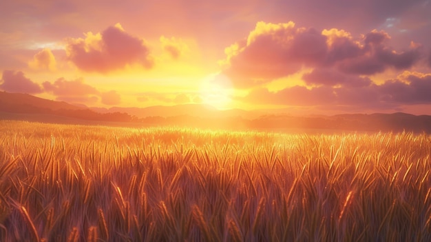 Breathtaking sunrise over lush wheat field scenic rural landscape with golden sunlight