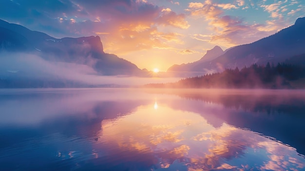 Photo breathtaking sunrise over a serene lake surrounded by mountains with vibrant colors reflecting on th