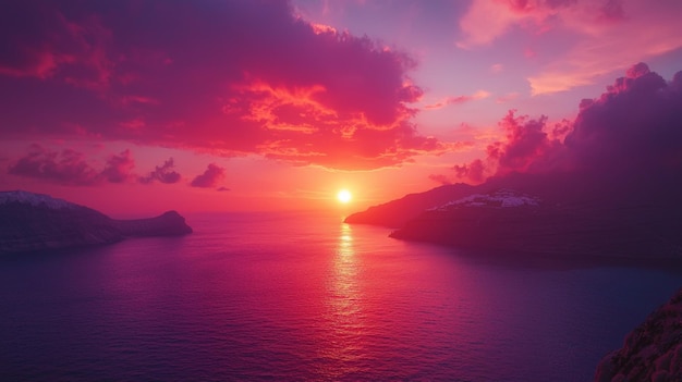 A breathtaking sunset over the Aegean Sea and the rugged cliffs of Santorini Greece