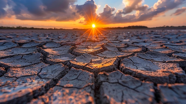 Breathtaking Sunset Over Cracked Dry Earth Symbolizing Climate Change Environmental Issues and