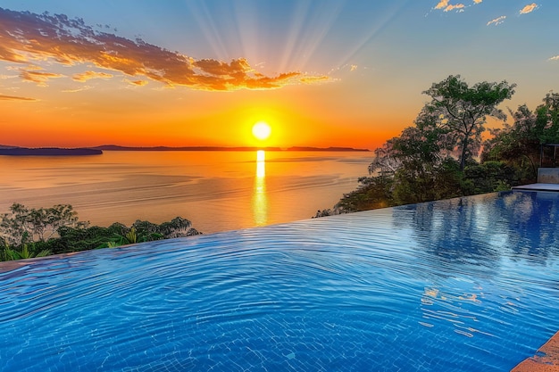 Breathtaking Sunset Over Infinity Pool with a Scenic Ocean View Capturing the Beauty of a Serene a