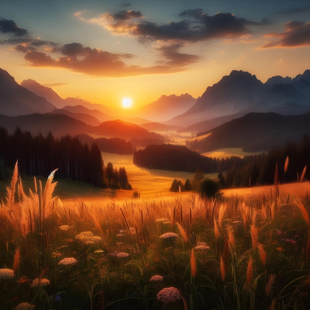 a breathtaking sunset over a landscape featuring a lush meadow and majestic mountains