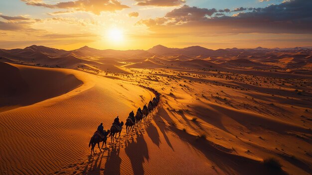 A breathtaking sunset over sand dunes with a caravan of camels silhouetted against the vibrant sky capturing the essence of adventure