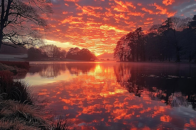 A breathtaking sunset over a tranquil lake casting warm hues across the sky