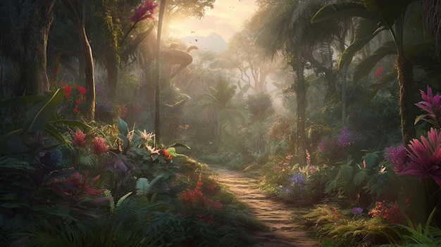 A breathtaking tropical jungle bathed in glow of dawn Generative AI image