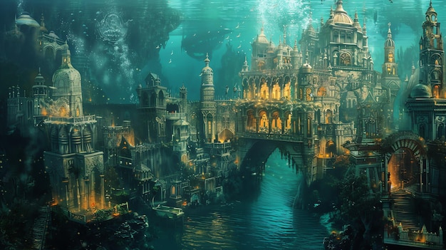 A breathtaking underwater cityscape with intricate architecture and glowing lights