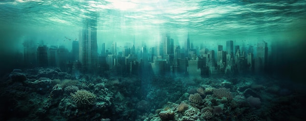 Photo a breathtaking underwater scene featuring submerged buildings illuminated by soft light showcasing the beauty of ocean life