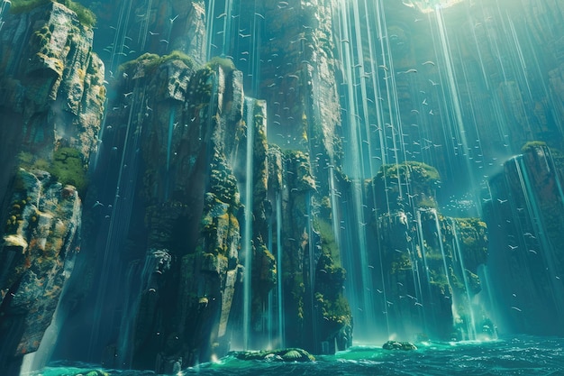 Photo breathtaking underwater vista with sea cliffs and waterfalls