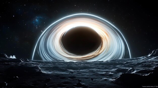 Photo a breathtaking view of a black holes accretion disk from the surface of a distant moon in space