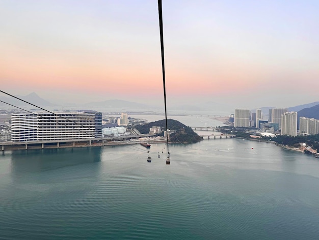 Breathtaking view of cable car Ngong Ping 360 at Lantau Island Hong Kong to see countryside