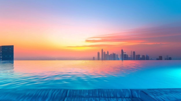 Photo a breathtaking view of a city skyline at sunset reflected in the calm waters of an infinity po