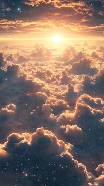 A breathtaking view of clouds illuminated by a sunset creating a serene atmosphere