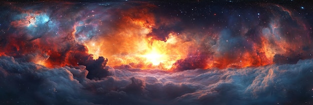 Photo a breathtaking view of a cosmic sunrise over a sea of clouds the image evokes a sense of wonde