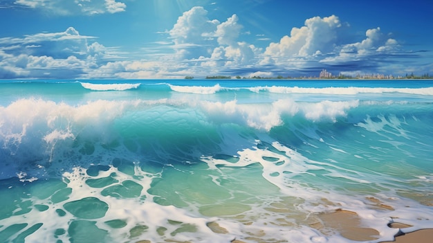 A Breathtaking View of Cresting Ocean Waves Under a Clear Blue Sky