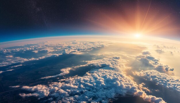 A breathtaking view of Earth from space with the sun shining through the clouds showcasing