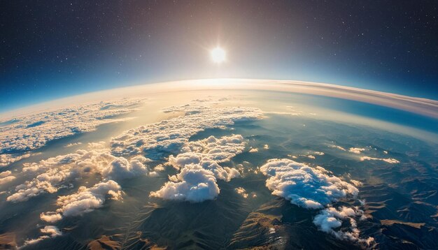 A breathtaking view of Earth from space with the sun shining through the clouds showcasing