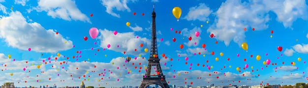 A breathtaking view of the Eiffel Tower with colorful balloons filling the blue sky creating