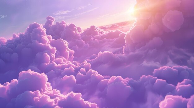 A breathtaking view of fluffy pinkpurple clouds lit by a golden sunset creating a surreal and tranquil sky scene