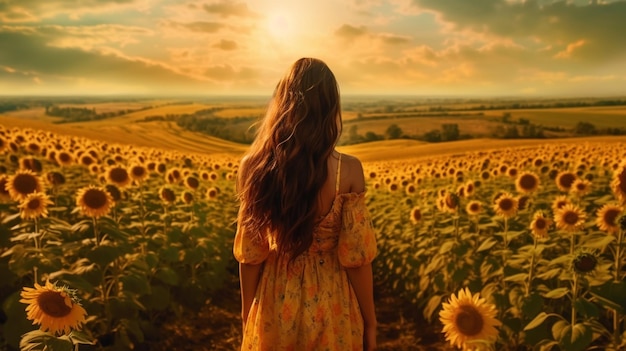 A breathtaking view of a girl standing in a picturesque field of sunflowers representing the natura