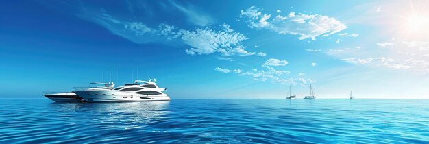 Photo a breathtaking view of luxurious yachts gliding across the vast expanse of the ocean under a clear blue sky with fluffy white clouds generative ai