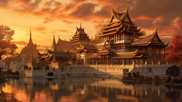 A breathtaking view of a majestic Far Eastern palace at sunset with golden hues casting a warm glow