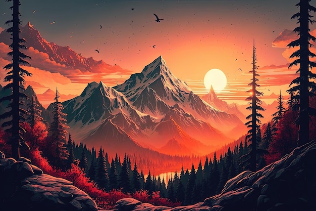 Breathtaking view of majestic mountains and beautifull cloud and sunset The mountains rise up to touch the sky their snowcapped peaks adding to the beauty of the landscape AI