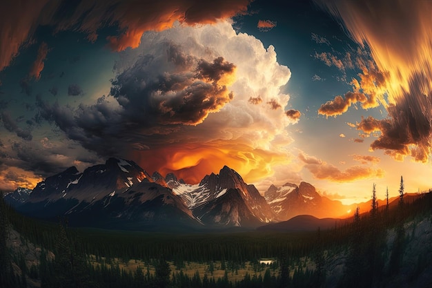 Breathtaking view of majestic mountains and beautifull cloud and sunset The mountains rise up to touch the sky their snowcapped peaks adding to the beauty of the landscape AI