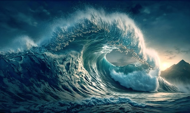 A breathtaking view of a massive sea wave showcasing the complex texture and movement of the ocean in exquisite detail