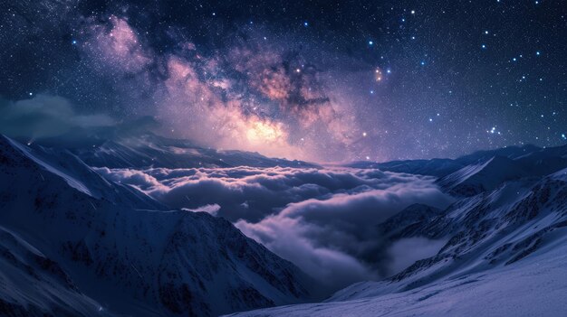 Breathtaking view of the Milky Way illuminating the night sky over majestic winter mountains