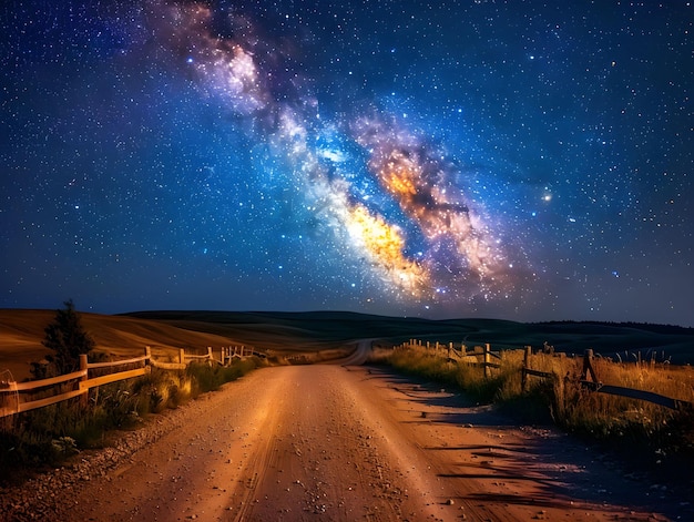 Photo a breathtaking view of the milky way over a rural dirt road during a clear night