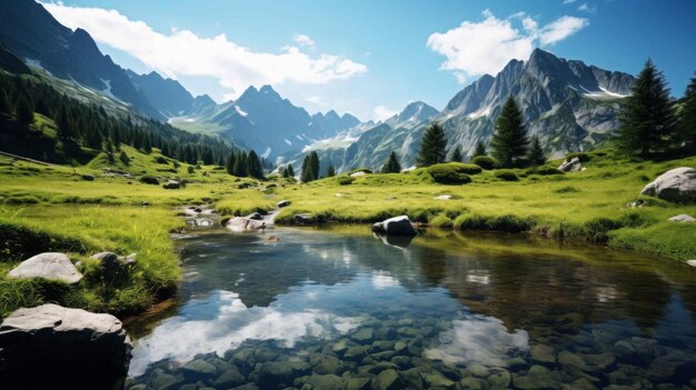 breathtaking view of a mountain lake surrounded by lush greenery during the summer