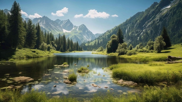 breathtaking view of a mountain lake surrounded by lush greenery during the summer