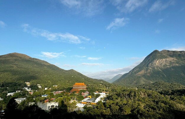 Breathtaking view of Ngong Ping highlands in Hong Kong Seen is the mountain and hills