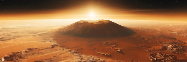 Breathtaking view of Olympus Mons at sunrise on Mars with dramatic lighting and expansive sky