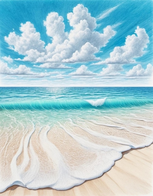 Breathtaking view of pristine white sand beach in Maldives Turquoise waters of Indian Ocean lap gently at shore creating serene idyllic scene Sky is vibrant blue dotted with fluffy white clouds