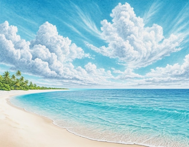 Breathtaking view of pristine white sand beach in Maldives Turquoise waters of Indian Ocean lap gently at shore creating serene idyllic scene Sky is vibrant blue dotted with fluffy white clouds