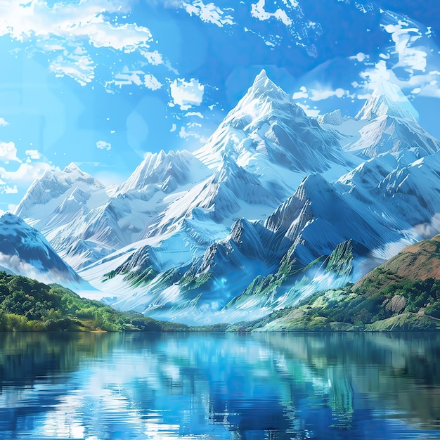 A breathtaking view of snowcapped mountains with rugged peaks and a crystal clear lake reflecting the blue sky watercolor cartoon