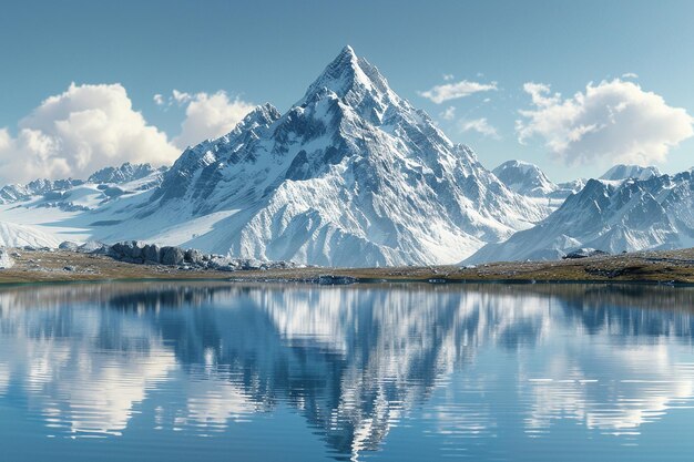 A breathtaking view of a snowy mountain peak refle