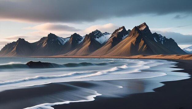 Photo a breathtaking view of the vast black sand beach of stokksnes in iceland featuring the dramatic vestrahorn mountain range in a stunning nordic landscape