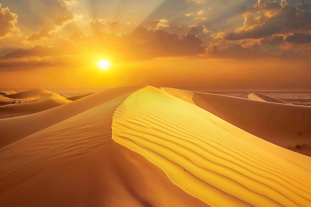 A breathtaking view of a vast desert with rolling dunes bathed in the golden light of a setting sun The warm hues of the sand contrast beautifully with the dramatic sky creating a serene