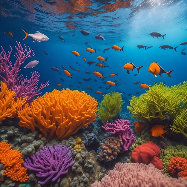 A breathtaking view of a vibrant coral reef with a diverse range of marine life