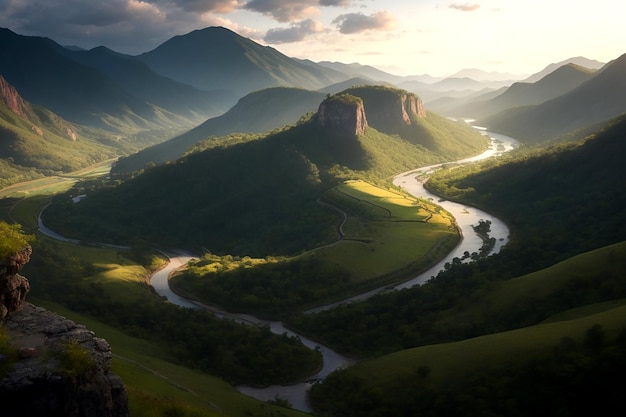 A breathtaking view of a waterfall cascading down a rocky cliff face AI_Generated