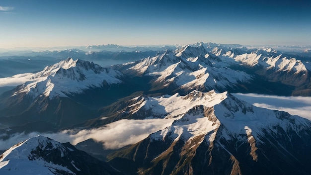 A breathtaking vista of snowcapped peaks stretching as far as the eye can see with wispy clouds ge